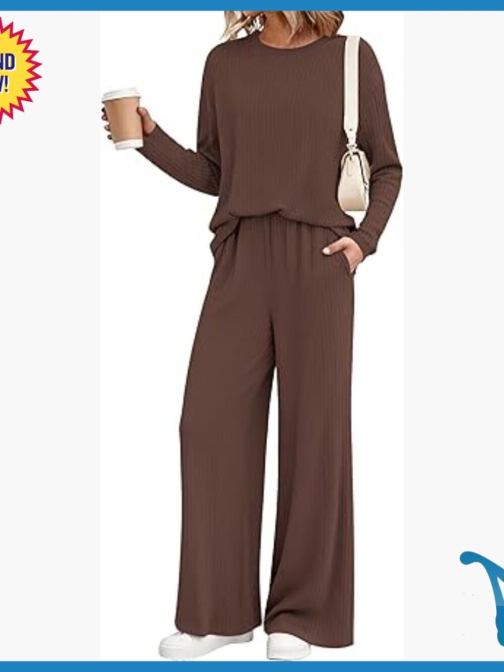 Oversized Ribbed Knit Lounge Set with Wide Leg Pants - Size Large